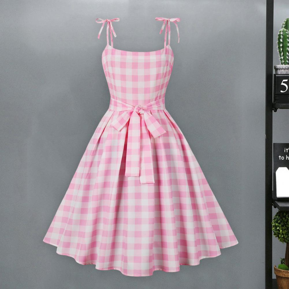 Vestido feminino xadrez rosa Hepburn estilo vintage,