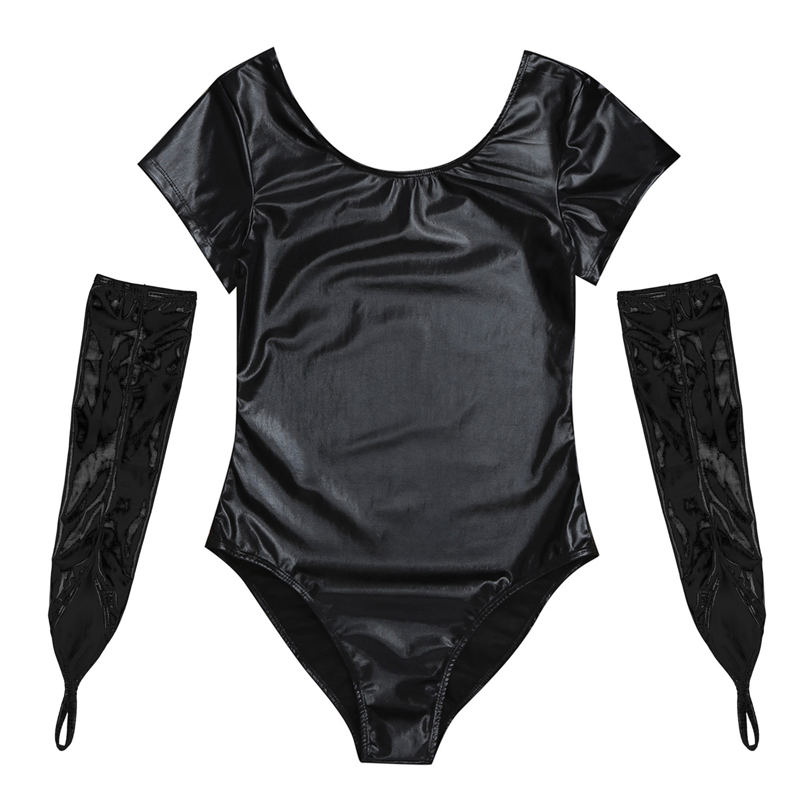 Damen glänzendes Lack leder Ballett Tanz kostüm Kurzarm einteiliger Trikot Body mit bogenlangen finger losen Handschuhen – Detail 3