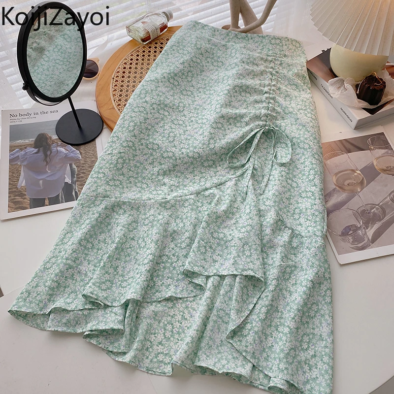 blue skirt Koijizayoi Women Irregular Drawstring High Waist Floral A-line Skirt Spring 2022 New Korean Sweet Floral Skirts Bottom Faldas green skirt