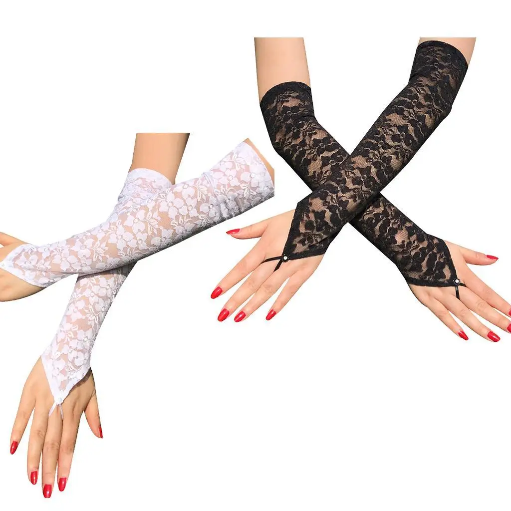 1Pair Dress Party Lace Glove Women Solid Floral Print Fingerless Gloves Stretch Arm Elbow Gloves Summer Sunscreen Mittens