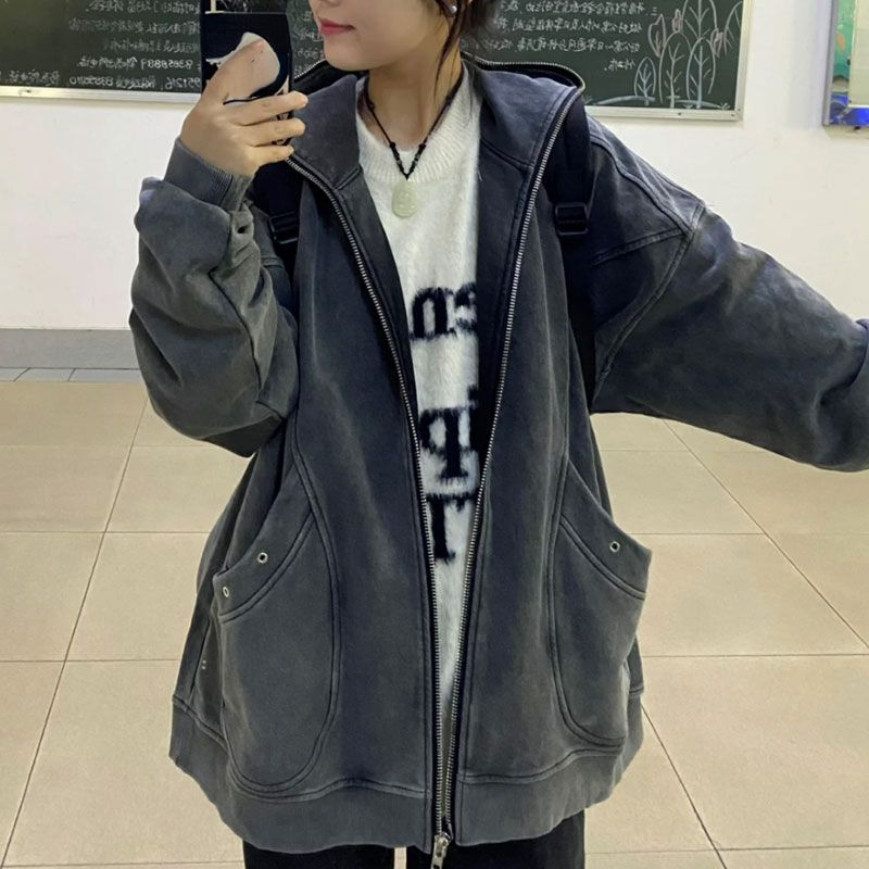 Description Picture 4 of itemHigh Street Y2k Jackets Hooded Pockets Zipper Solid Color Long Sleeve Coats Harajuku Vintage Autumn Casual Loose Women Clothing