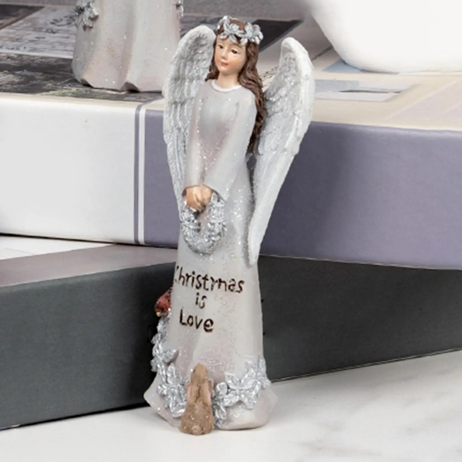Resin Angel Statue Tabletop Ornaments Hand Painted Sculpture Sculpted Decorations for Pathway Home Office Entrance Home Decor