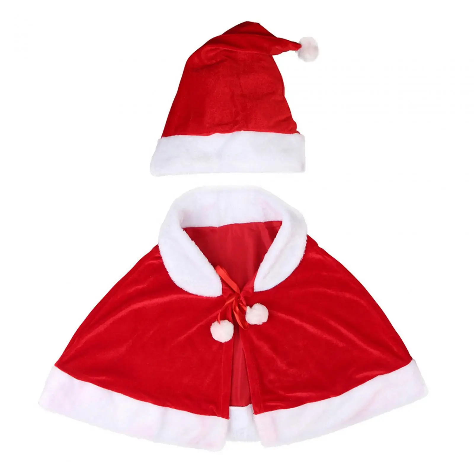 Christmas Shawl Cloak Cape with Hat Xmas Shawl with Plush Balls Lace up Santa Claus Cape Robe Red Cape for Role Play Props