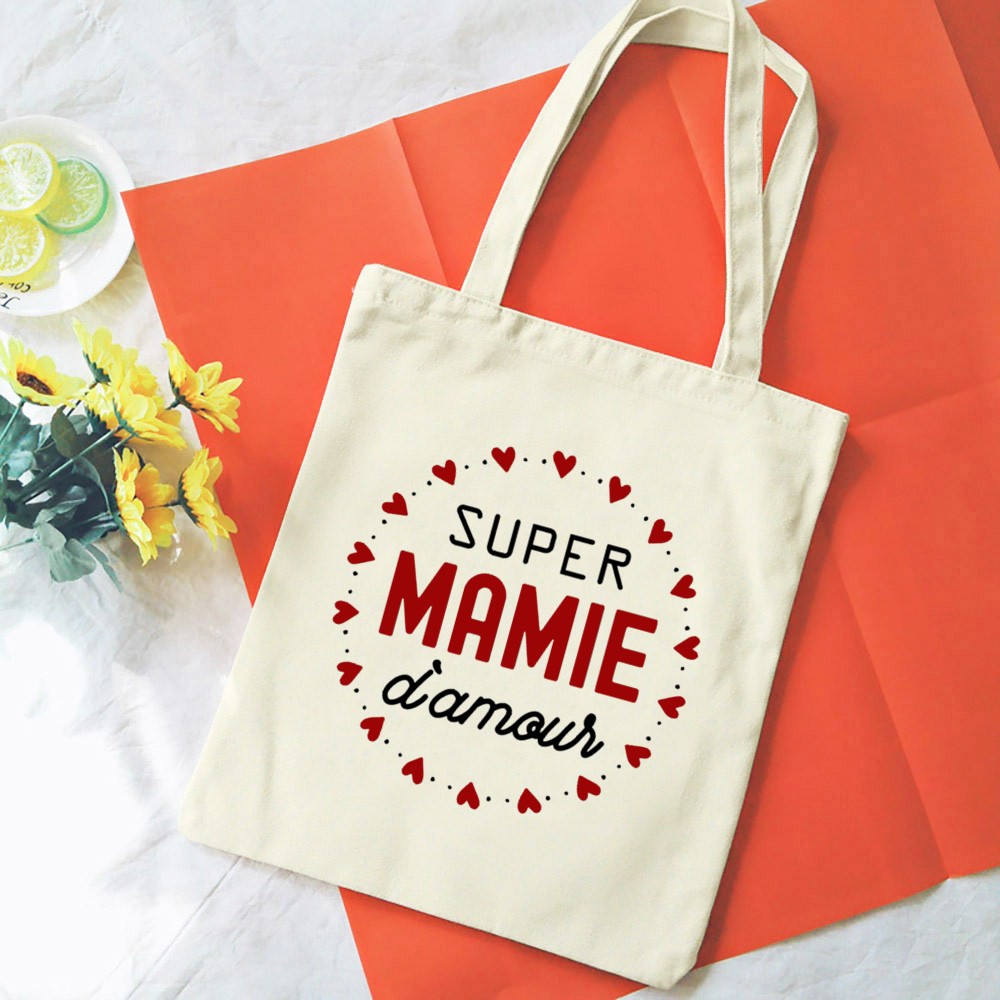 Französische Mamie-Druck-Schultertaschen aus Segeltuch, weibliche Einkaufstaschen, Damen-Reisehandtaschen, umweltfreundliche, wiederverwendbare Aufbewahrungstasche, Geschenke für Oma – Detail 5