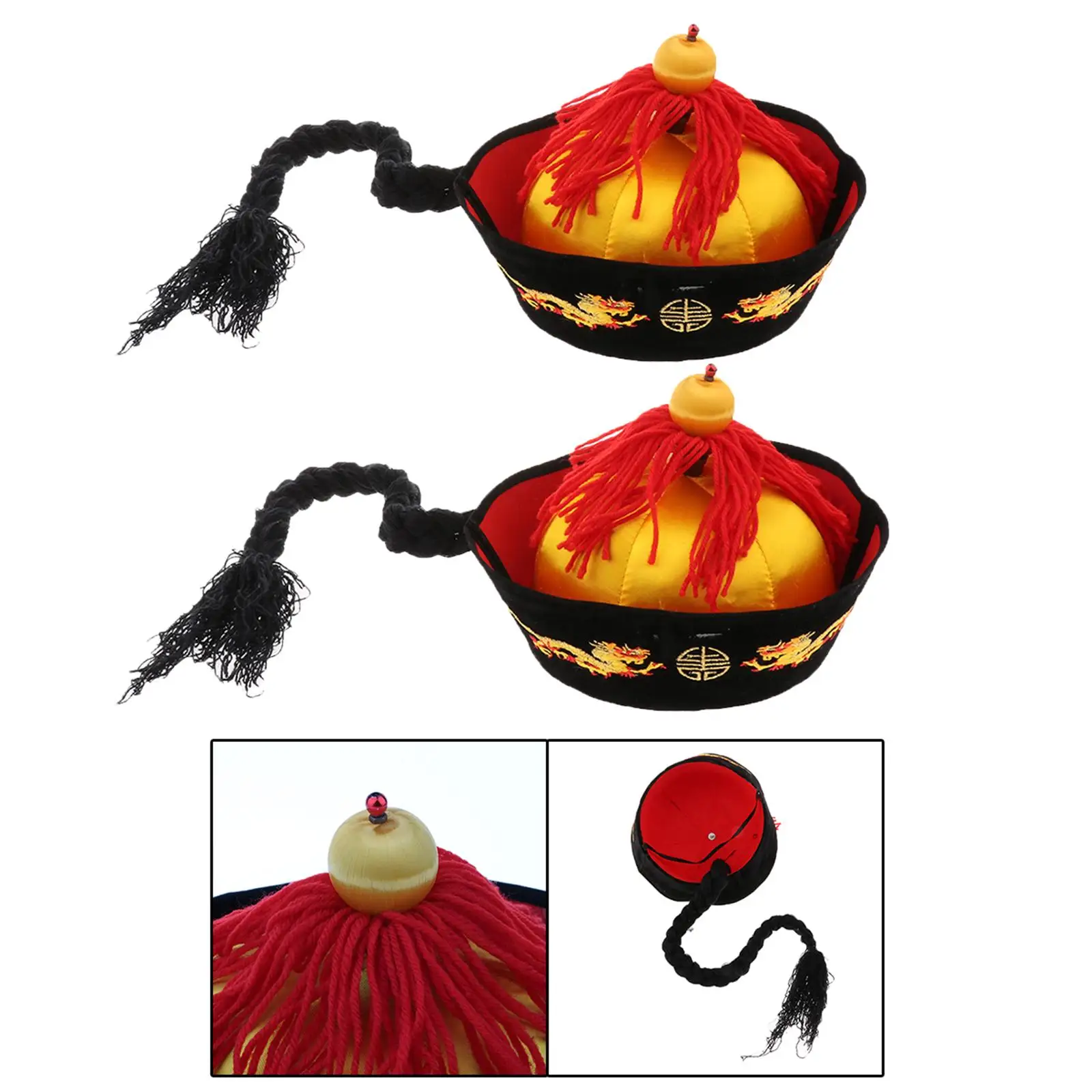 Chinese Emperor Hat with Braid Decorative Ethnic Hat for Photography Props Party Masquerade Stage Performance Fancy Dress