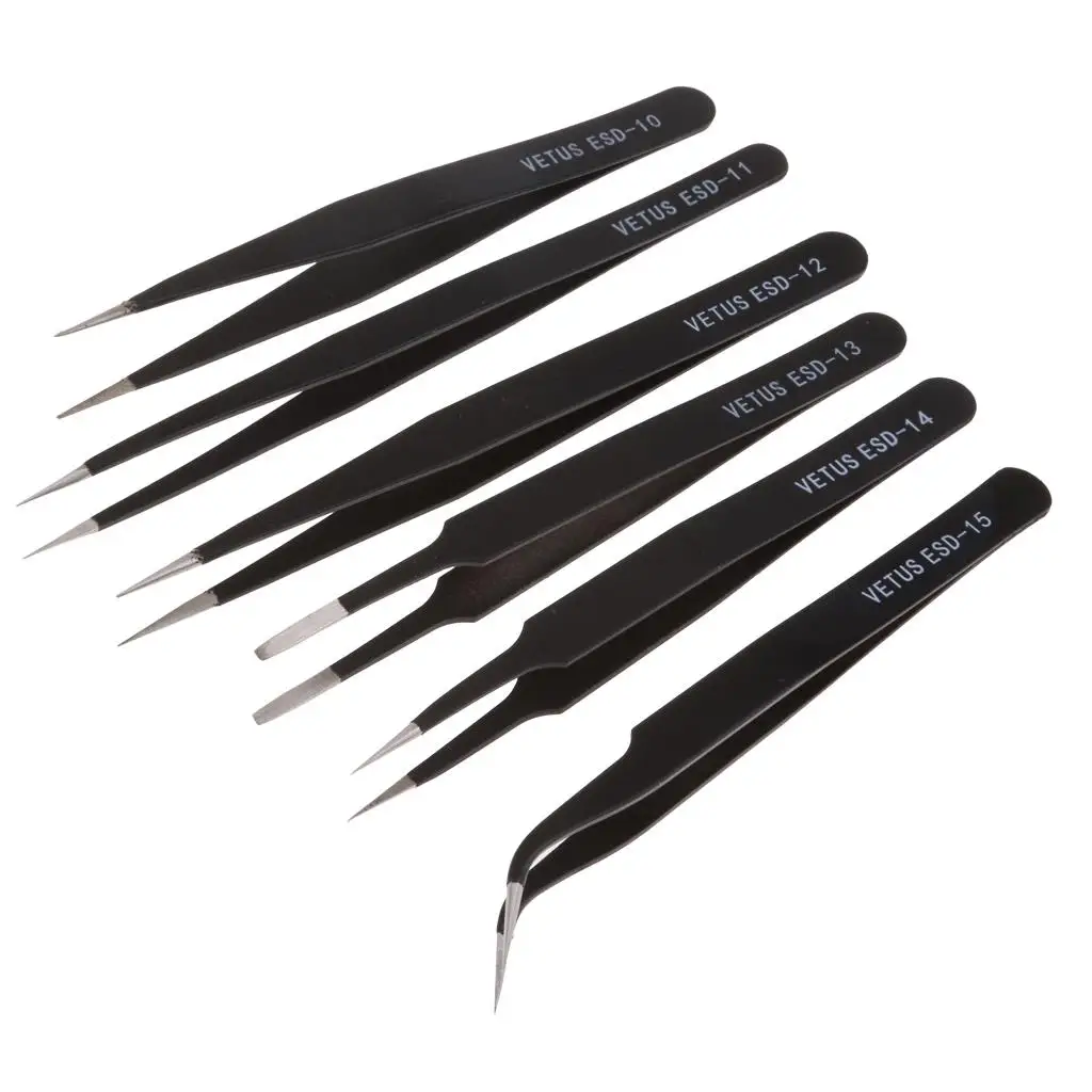 6 Pieces Anti Stainless Steel  Tweezers Repair for Electronics