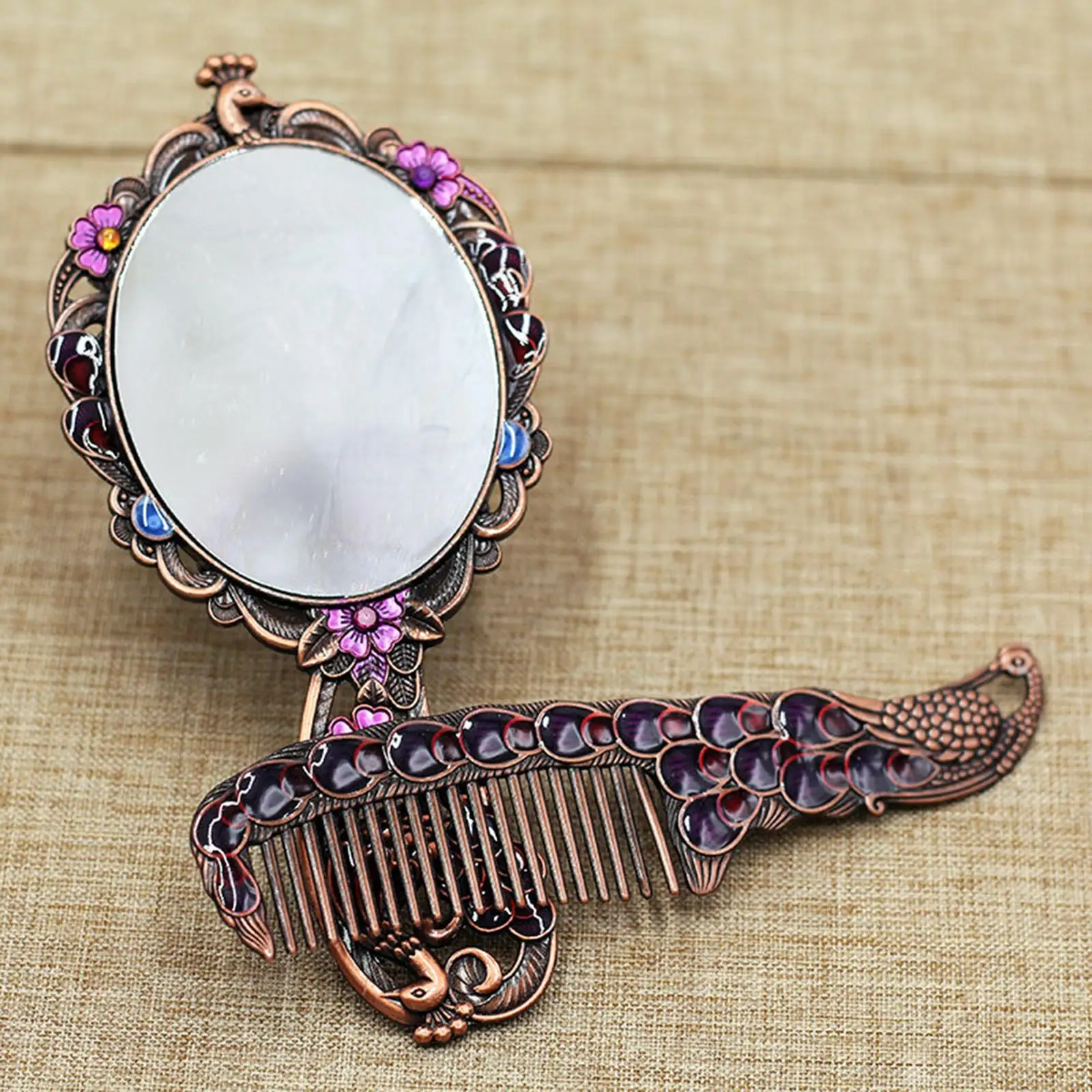 Antique Bronze Embossing Oval Peacock Make up Mirror Hand Held Comb Set Dressing Russian Style Portable Brightly-Colored Durable