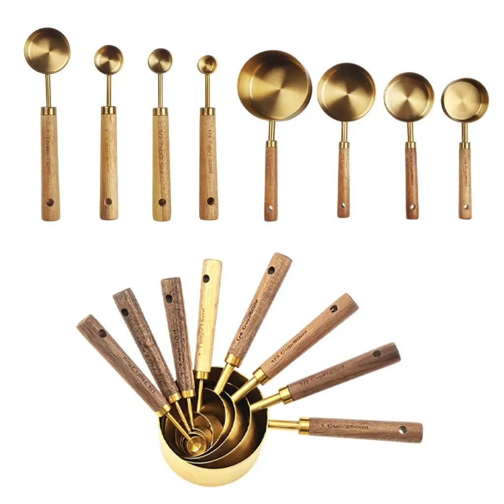 Measuring Cups Spoons Set Stainless Steel Gold Metal Kitchen Measure Set for Cafe