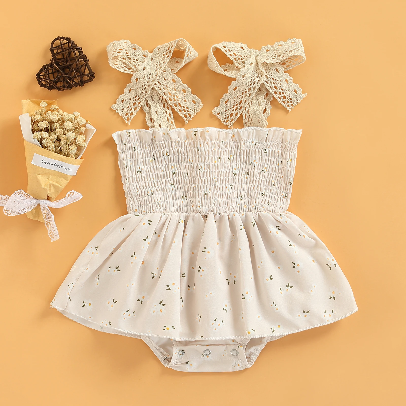 Infant Baby Girl Floral Elastic Jumpsuits , No Sleeve Square Neck A-lined High Waist Toddlers Short Bodysuit customised baby bodysuits
