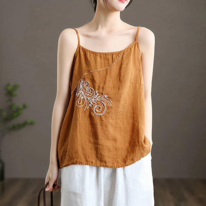 Summer 2022 New Womens Fashion Camisole 100% Cotton Linen Spaghetti Strap Tank Tops for Women Vintage Loose Embroidery Camis spanx camisole