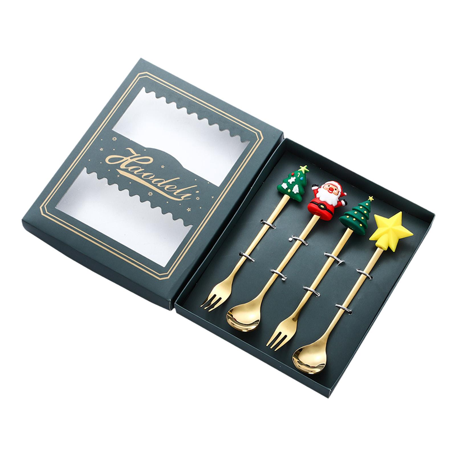 4 Pieces Spoons Forks Coffee Spoon Multipurpose with Gift Box Christmas Cutlery for Festival Kitchen Wedding Holiday Party