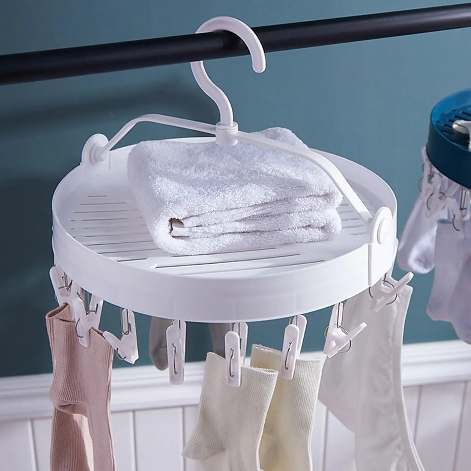 Round Hanging Drying Hanger Rotatable Hook Foldable with 18 Clips Drip Hanger for Laundry Lingerie Gloves Towels Baby Clothes