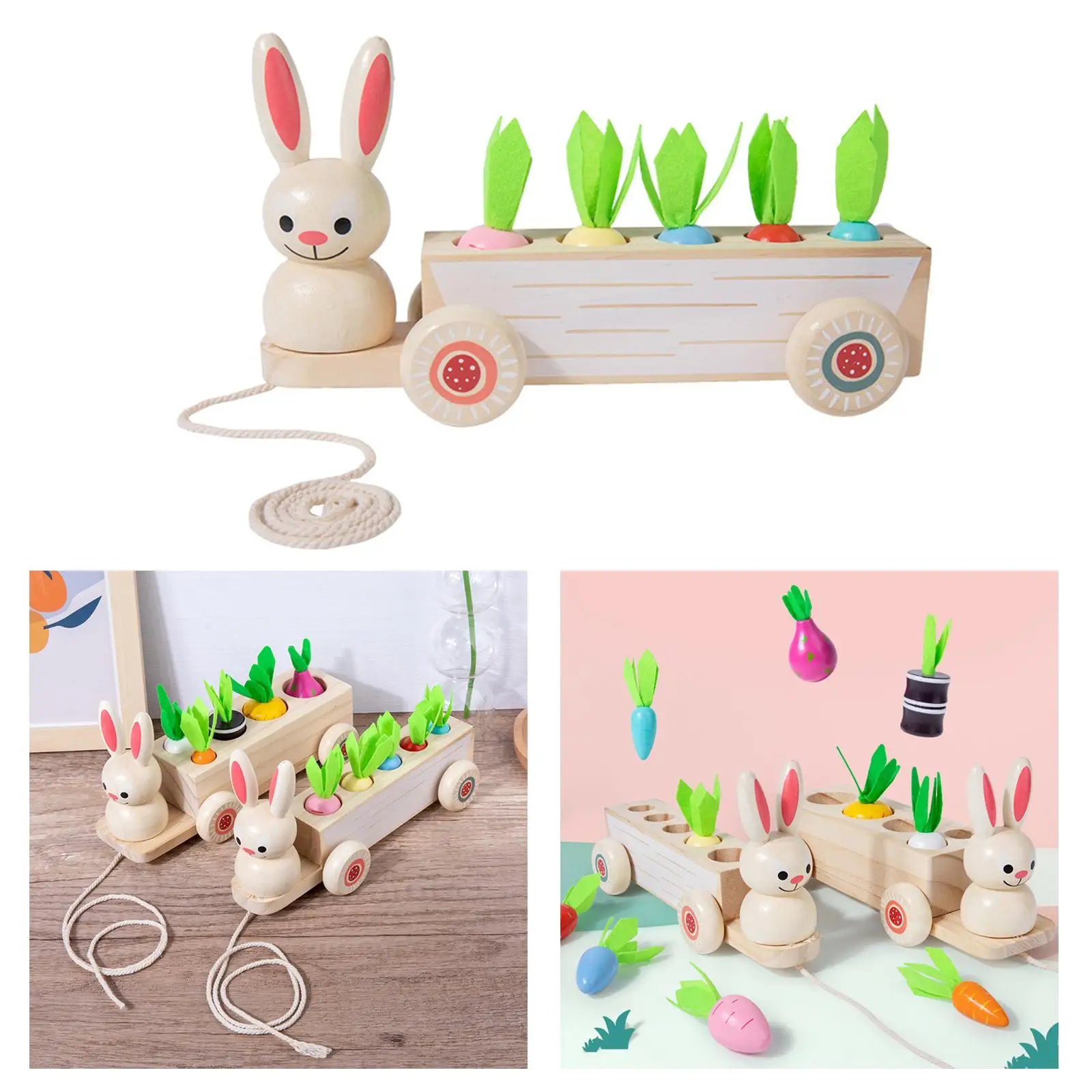 Baby Montessori Toys Wooden Block Happy Farm Pulling Carrot Shape Matching Size Cognition Montessori Educational Toy Gift Kids