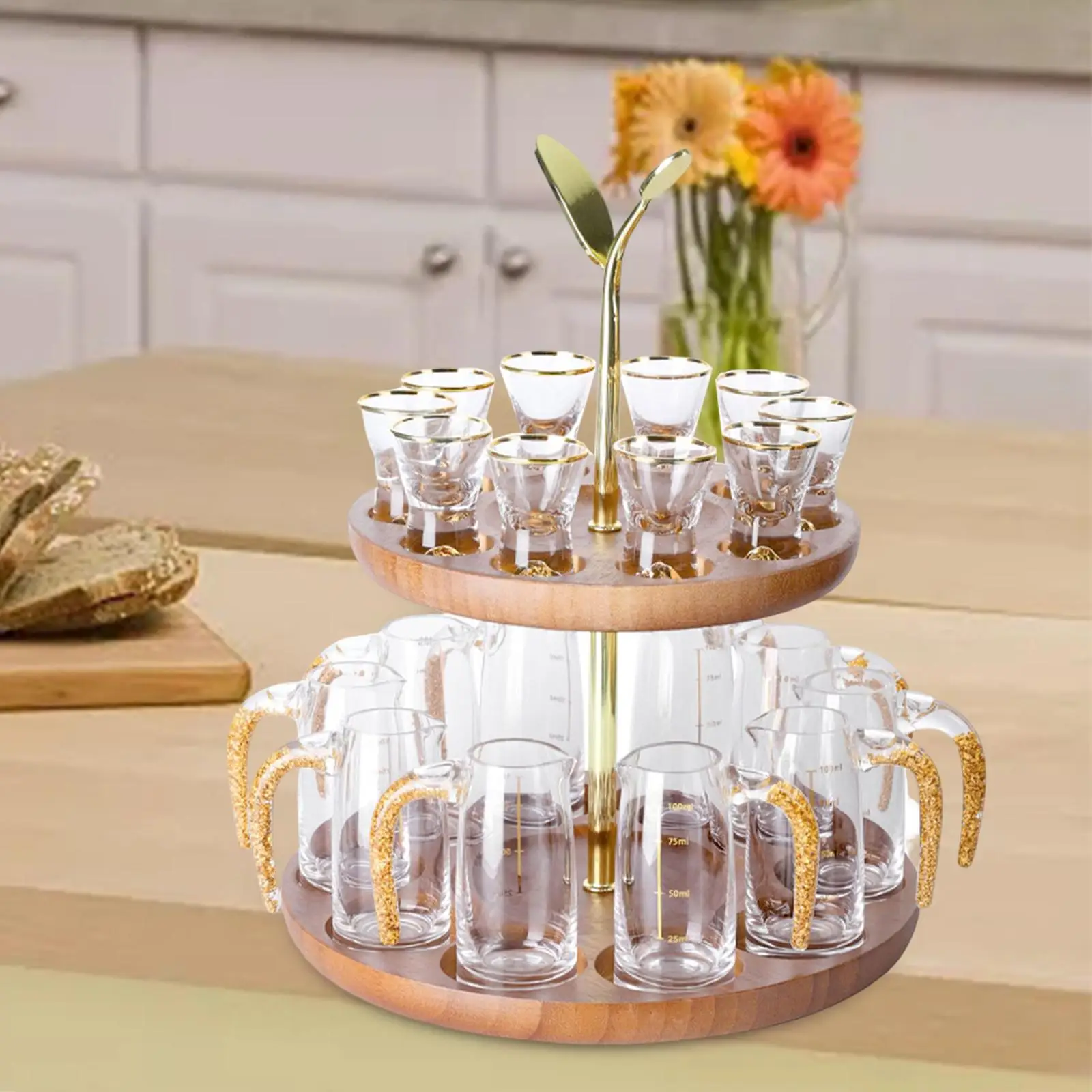 Wood Drinking Cup Rack with Handle Water Cup Storage Holder for Tabletop