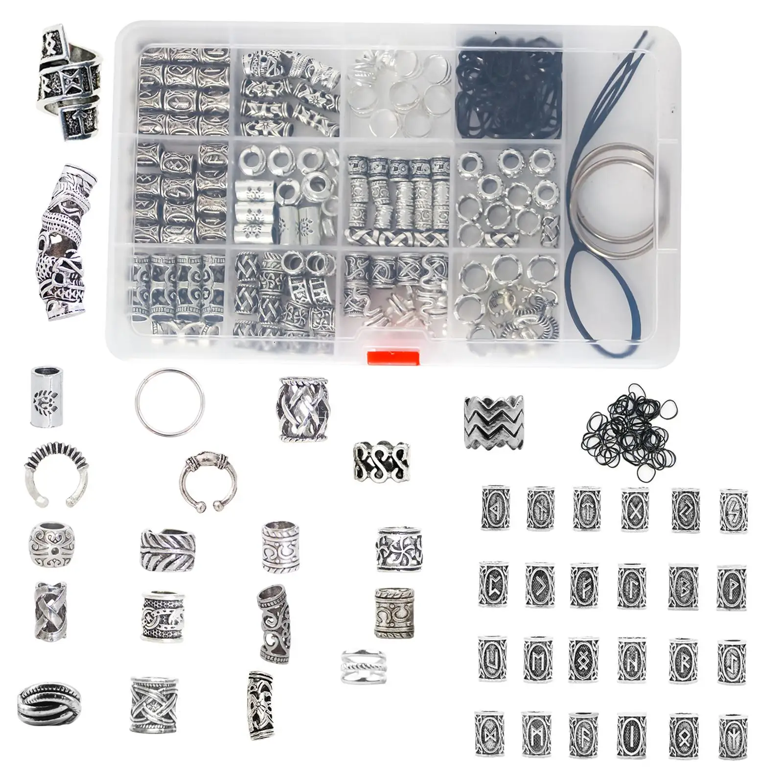 180 Pieces Mixed Dreadlocks Beads Tube Clips Pins Metal Cuffs Rings Accessories Decoration Hair Braiding Vintage Silver