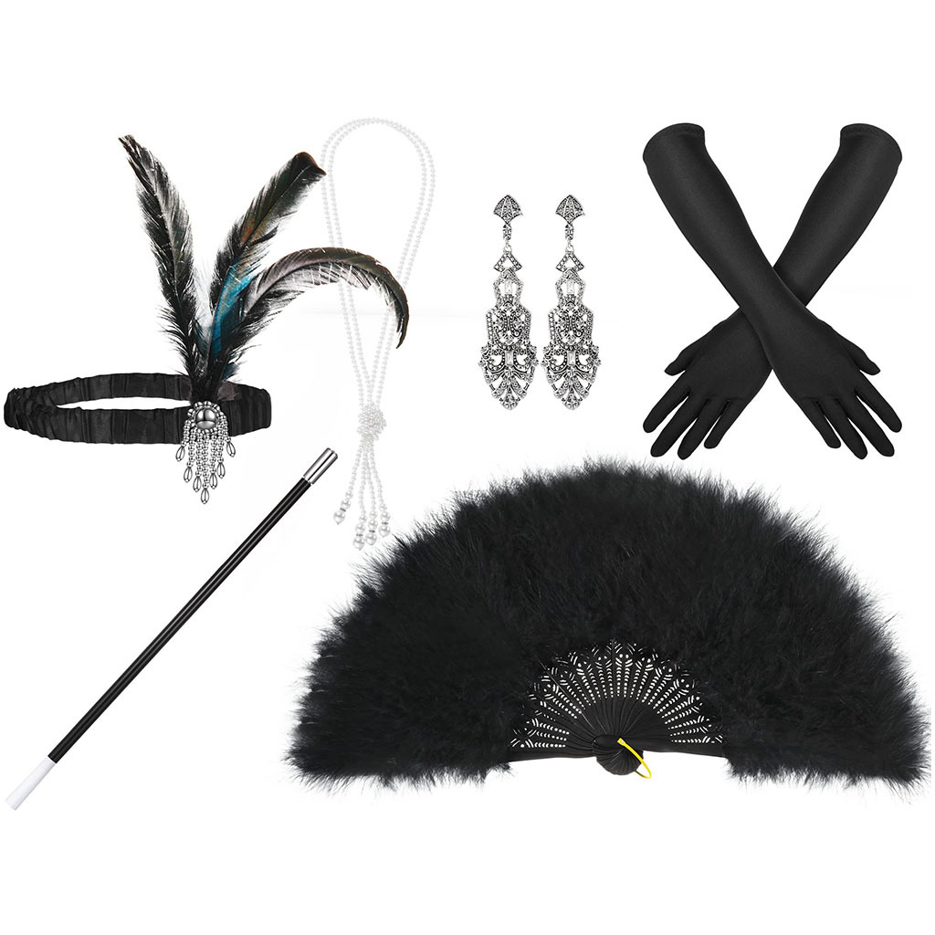 20er Jahre Great Gatsby Style Party Feder Stirnband Perlenkette Rauchstab Vintage Ohrringe Schwarze Feder Fan Set für Frauen 1920er Jahre – Detail 3