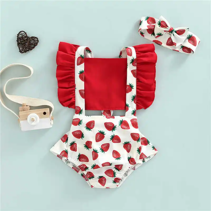 cute baby bodysuits 0-18m Baby Girls Summer Romper With Headband Ruffle Shoulder Straps Strawberry Triangle Hollow Backless Jumpsuit For Girls Baby Bodysuits expensive
