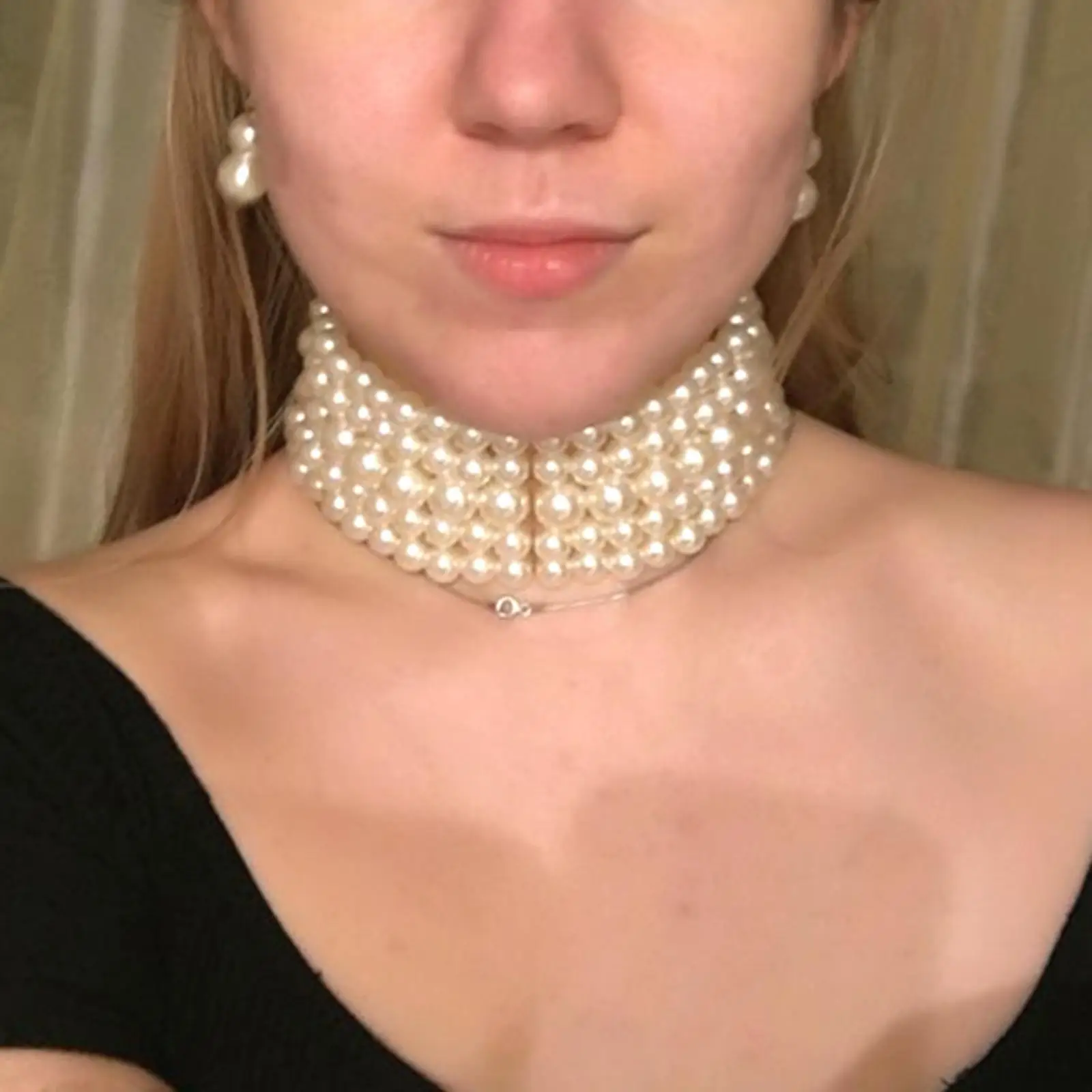 Pearl Choker Necklace and Earrings Set Statement Collar Multi Strands Costume Jewelry Set for Jewelry Gifts Prom Themed Party