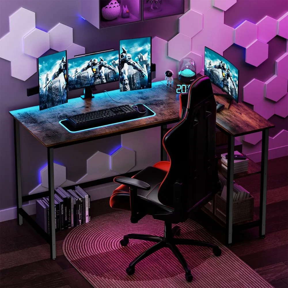A modern gaming setup with triple monitors, rgb lighting, and an ergonomic L-Shape Desk.