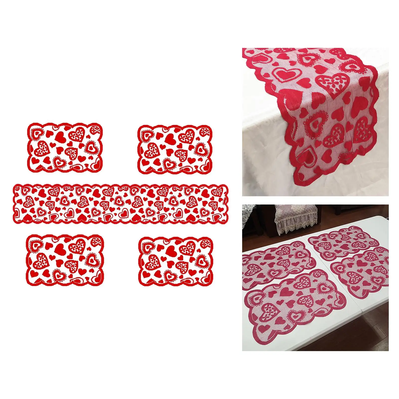 heart Pattern Red Desk Runner 4 Pieces Placemats Decorative 33x183cm Autumn Harvest Festival Christmas Table Cloth Decor