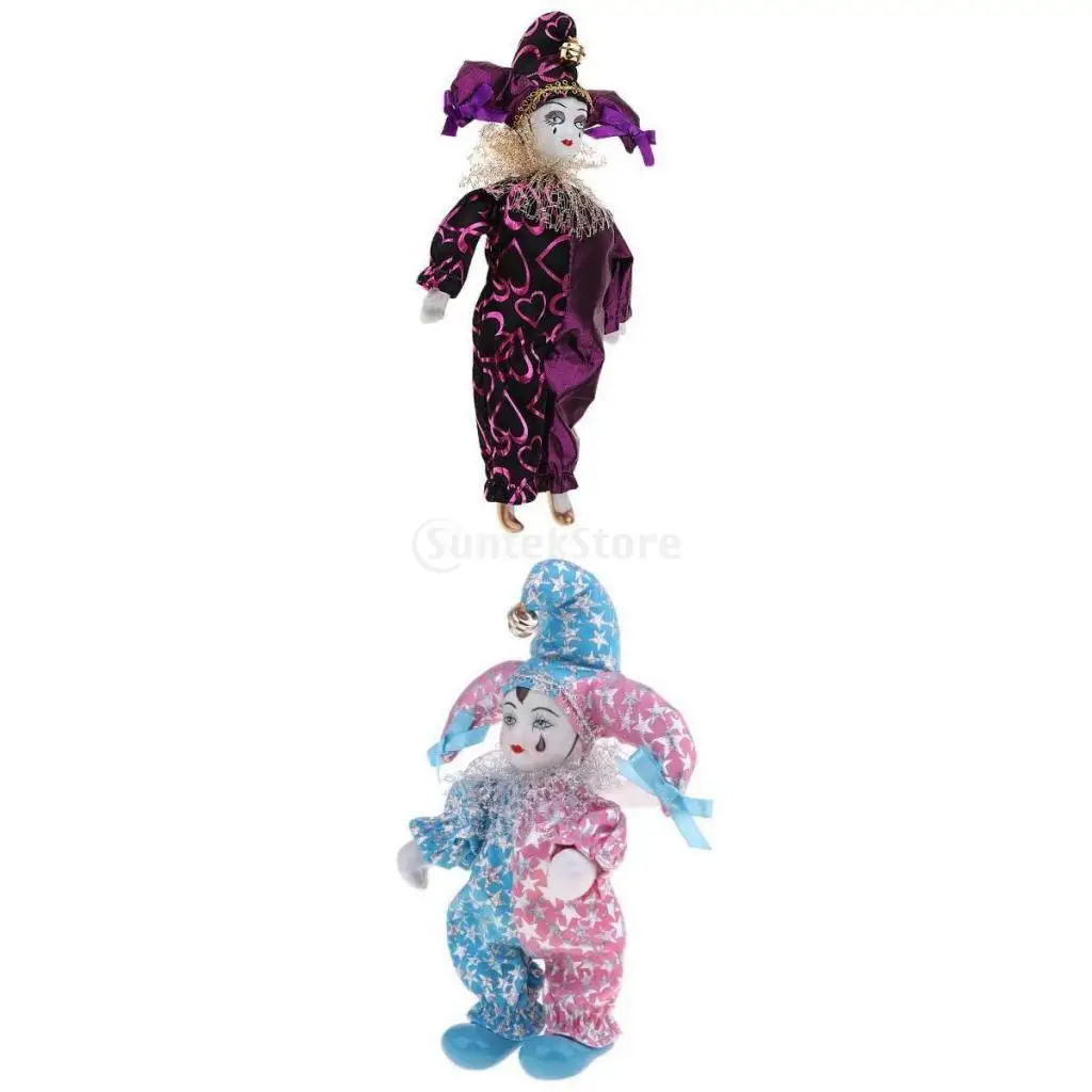 2Pcs Porcelain Dolls Teardrop Clown Doll Wearing  Outfits Halloween 