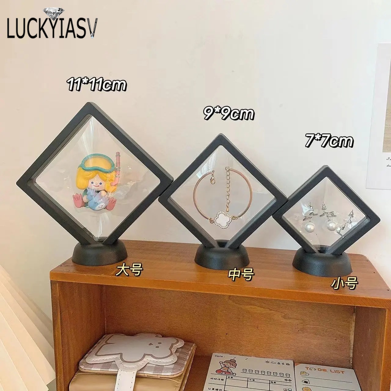 PE Film Black Jewelry Storage Box 3D Packaging Case Gemstone Free Stand Floating Frame Membrane Ring Earrings Necklace Display