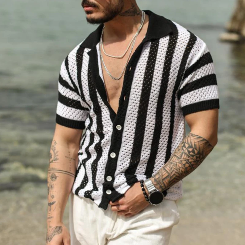 Men's fashion streetwear with Stripe Dot Mesh Polo Shirt including jackets, suits, shorts, shoes, big watches, and oversized zip hoodies7
