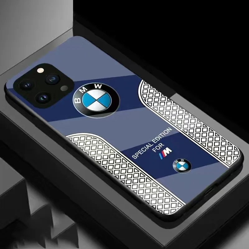 BMW Sport Luxury Phone Case for iPhone 14 Pro Max Carbon Fiber Glass Hard Cover