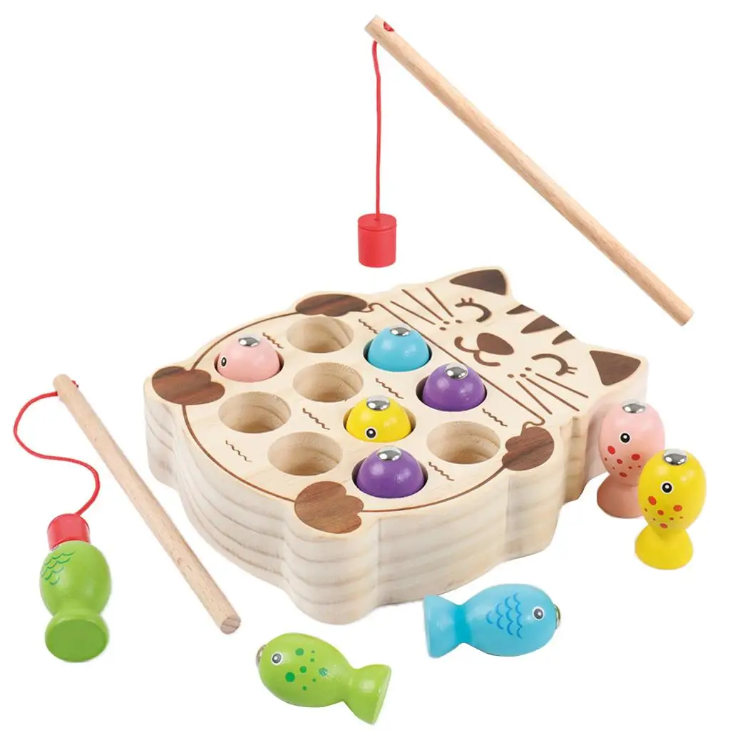 Magnetic Wooden Fishing Game Toy for Toddlers - Cat Fish Catching Counting