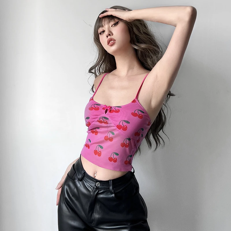 lace camisole Xingqing y2k Cherry Print Crop Tops Summer Women Sleeveless Mesh Cami Cute Kawaii Ruffles Tanks Camisole Slim Party Streetwear red cami