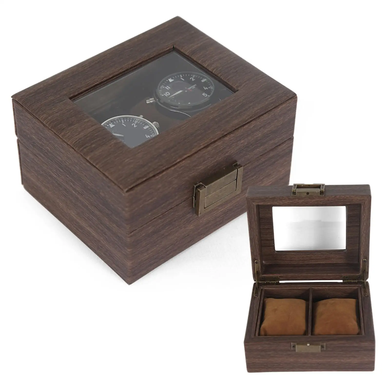 Watch Display Case, and Lock ,Vintage Wood, with Glass Top 2 Slot Wrist Storage Box Jewelry Organizer for Gifts Men Women