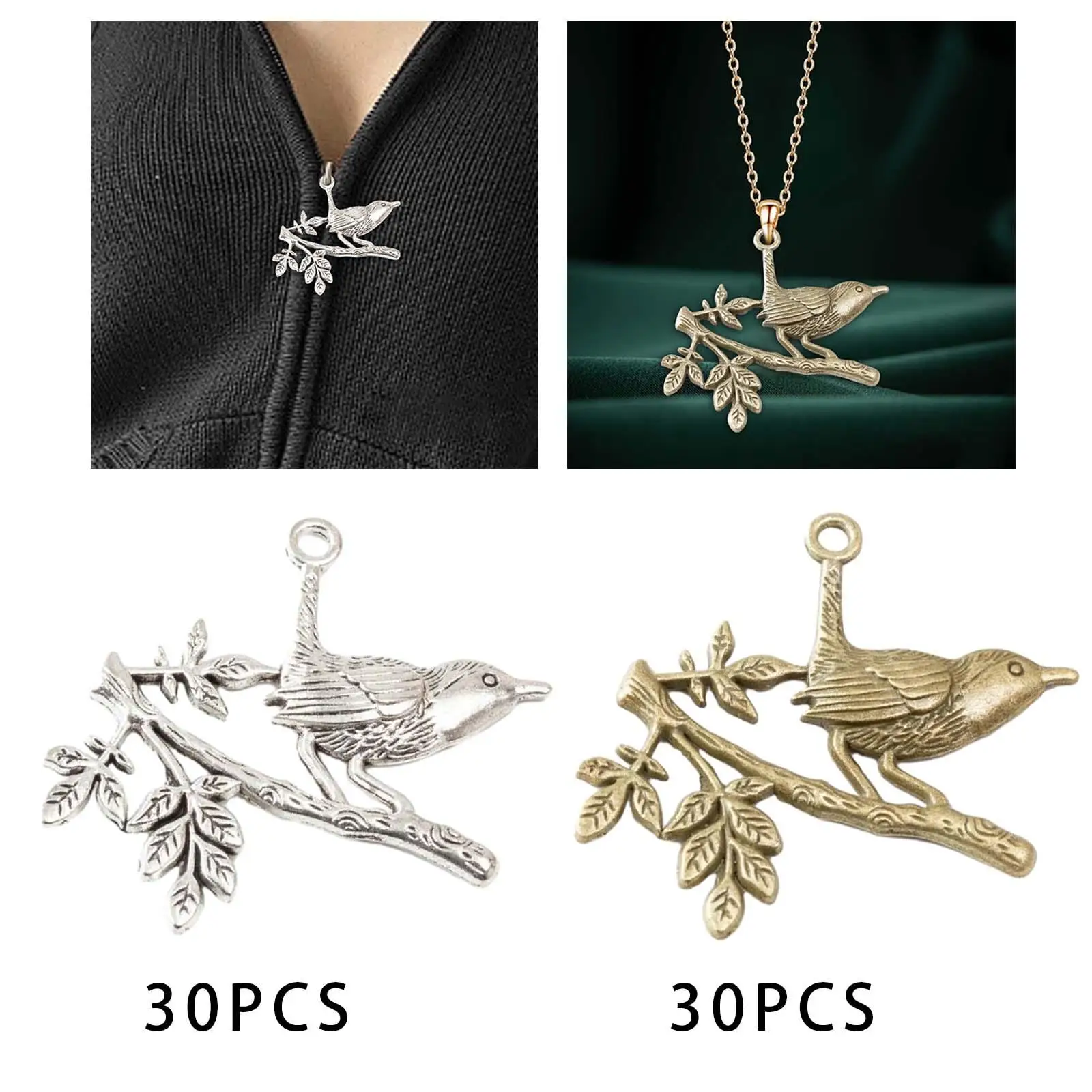 30 Pieces Bird Charms Vintage Metal Supplies Beads Pendants for Handmade Crafts Necklace Bag Decoration Zippers Earrings