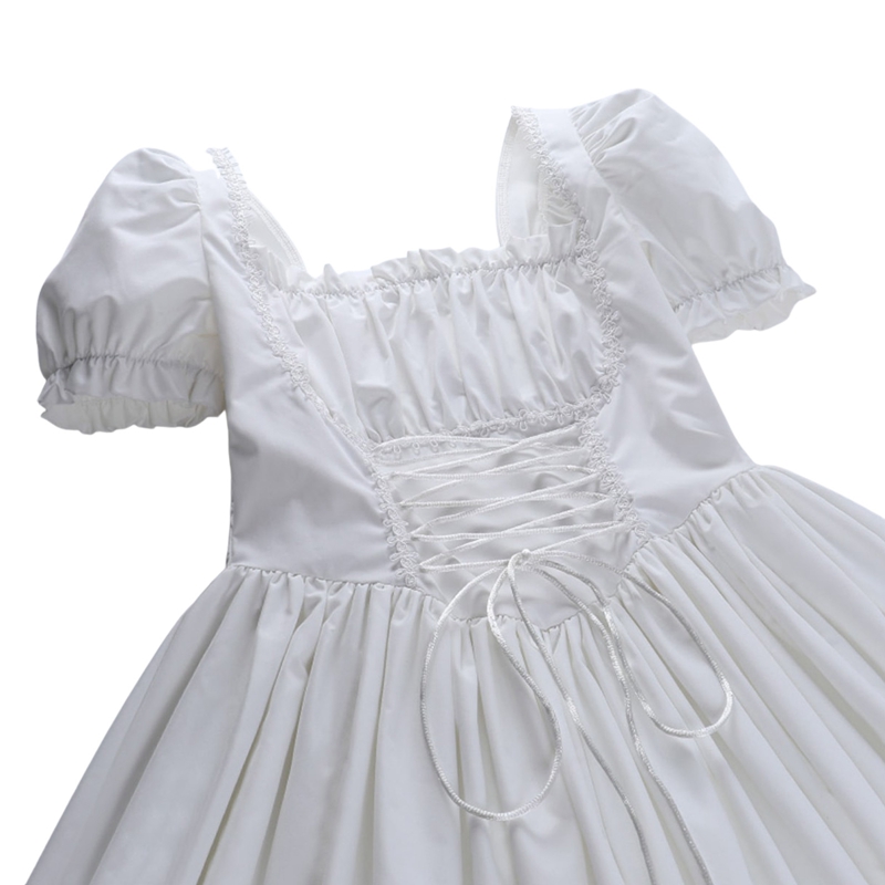 Süßes A-Linien-Kleid mit Puffärmeln für Damen, Sommer, Fairycore, Lolita, einfarbig, Bandage, Spitzenbesatz, kurze Kleider für Halloween-Party – Detail 5