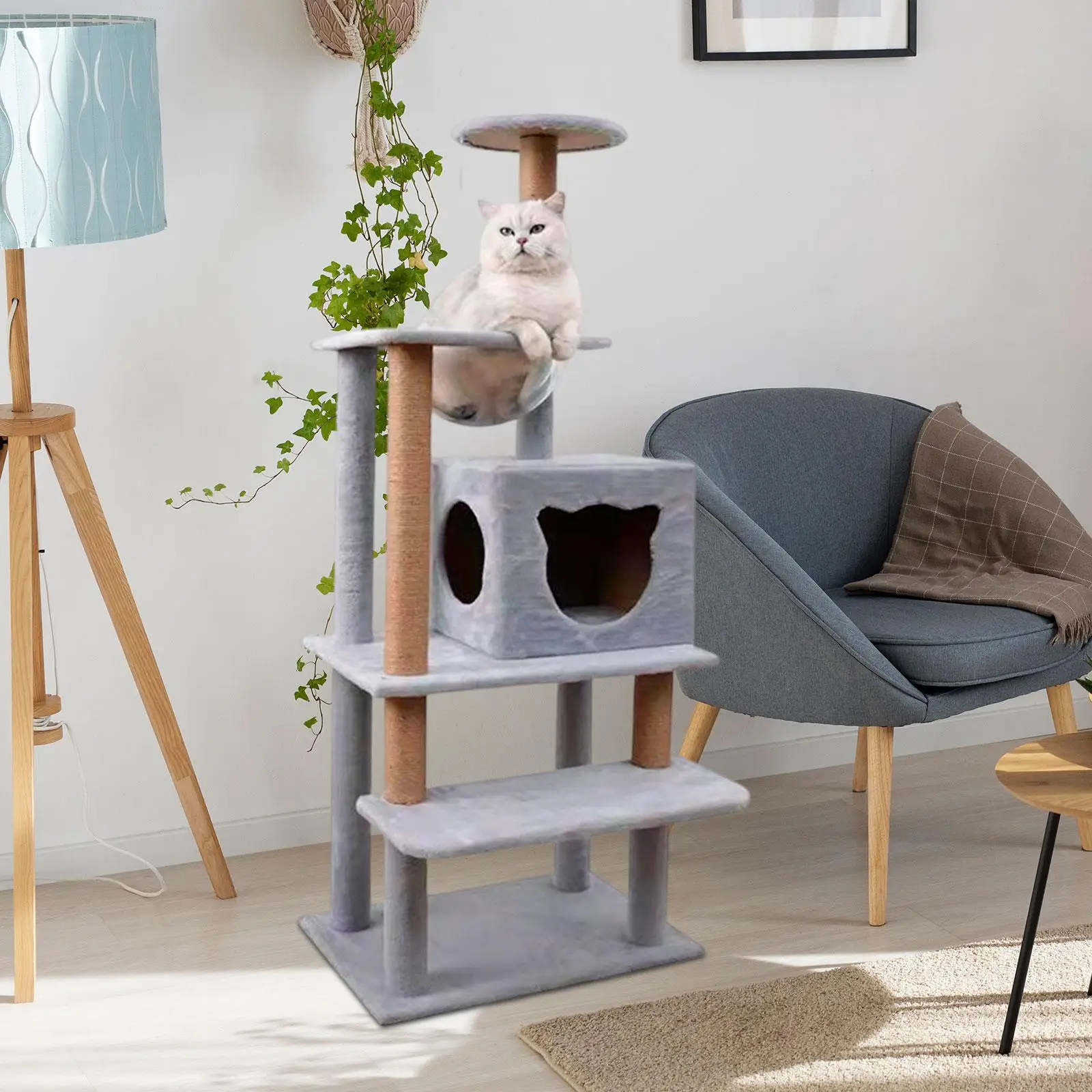 Multi Level Cat Tree Towers Cat Condo Hammock Basket Cat Scratching Post for Grinding Claw Playing Carpets Sofa Protector Kitty
