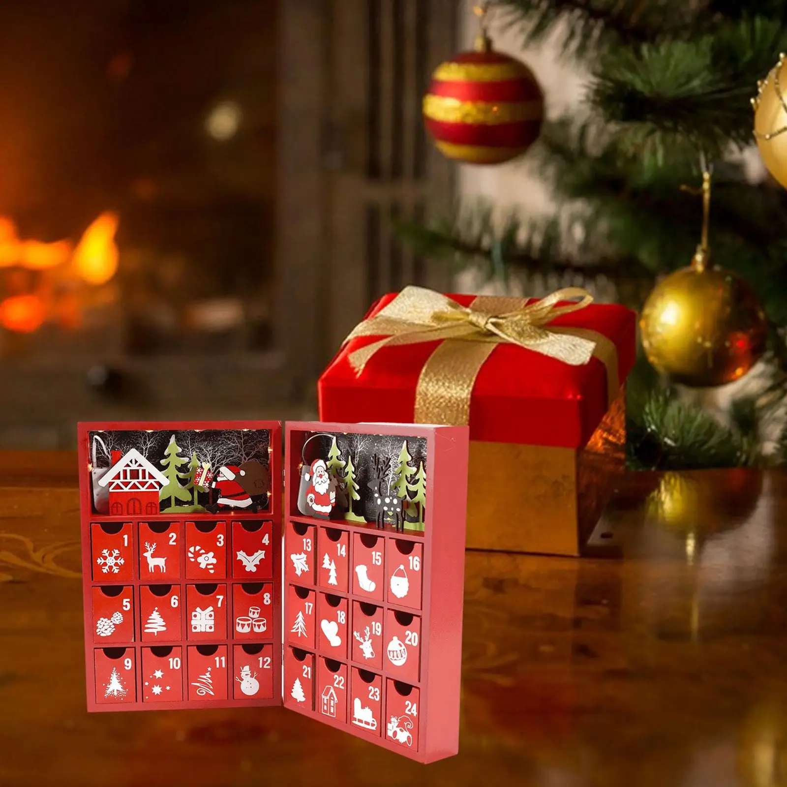 Wood Advent Calendar Santa Claus Pattern for Tabletop Home Holiday Desktop Decoration