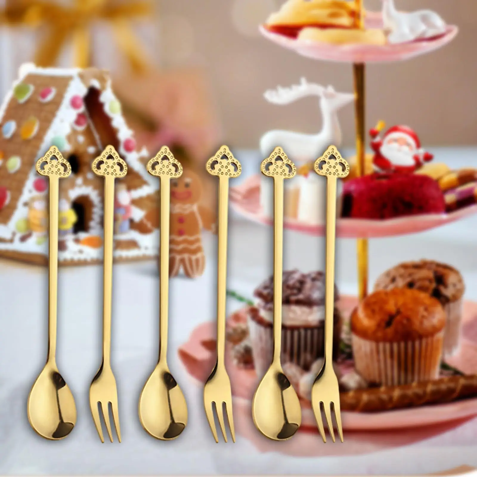 6Pcs Xmas Flatware Dessert Forks Coffee Stirring Spoon Stainless Steel Spoon Fork for Daily Use Restaurant Wedding Holiday