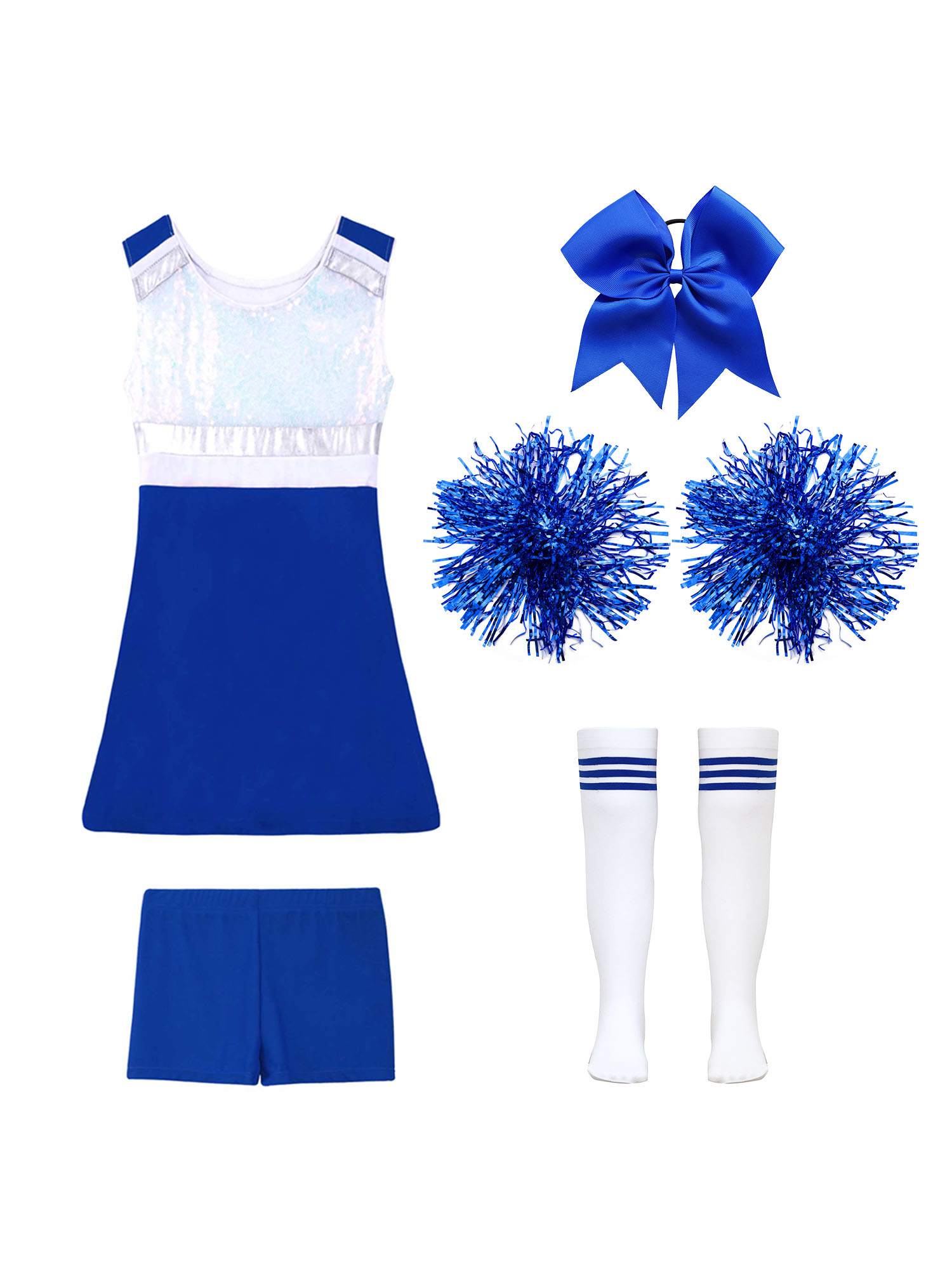 Cheerleader-Kostüm für Mädchen, Cheerleading-Uniform, modernes Tanzoutfit, glänzendes Paillettenkleid mit Shorts, Tanzkleidung – Detail 5