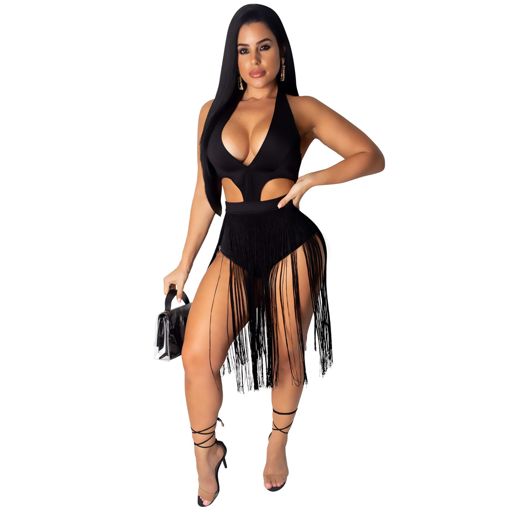 sexy tassel bodysuits feminino oco para fora do corpo terno sem mangas com decote em noite club wear macacão festa bodycon macacões