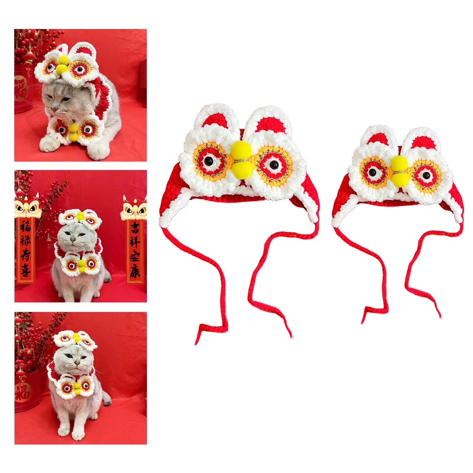 Chinese Pet Hat Photo Props Headcover Decoration Knitted Apparel Clothing Lion Supplies Spring Festival Costume for Cats Kitty