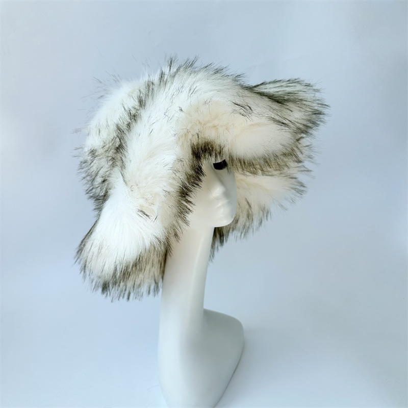 Harajuku Girls Sweet Cute Pink Wide Brim Floppy Furry Shag Hat Women Winter Y2k Fashion Fuzzy Festival Faux Fox Fur Bucket Hats