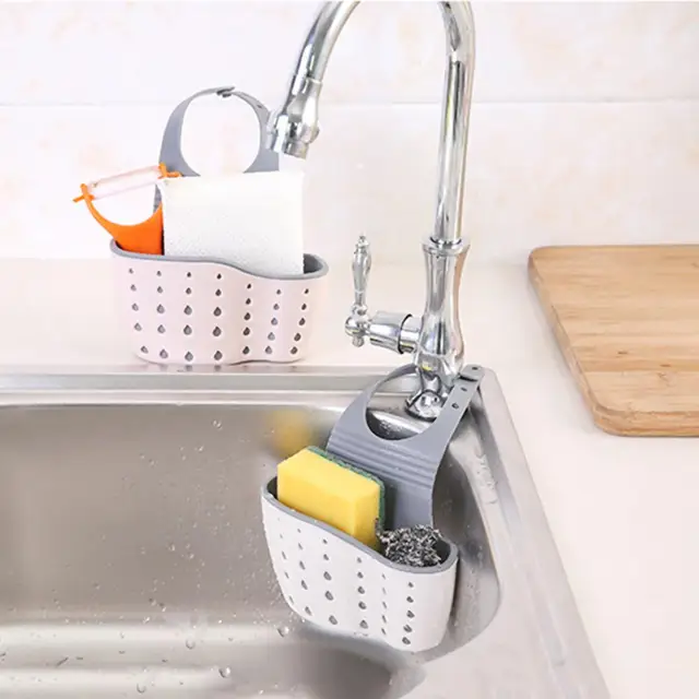 EEEkit Kitchen Hanging Sponge Holder, Adjustable Rubber Sink Caddy Organizer Dishwashing Liquid Drainer Brush Rack, Draining Basket for Scrubber Dish