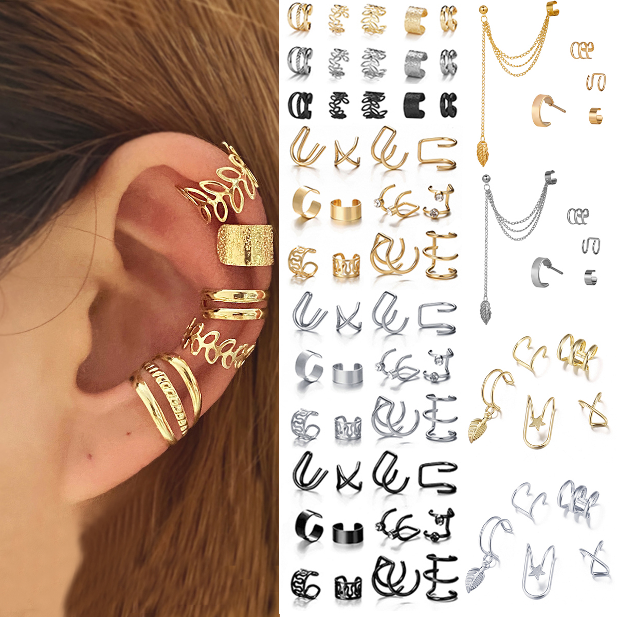 12PC Creative Gold Color Leaves Clip Earrings for Women Men Simple C Ear Cuff No Piercing Ear Ear Clip Set Trend Jewelry Gift