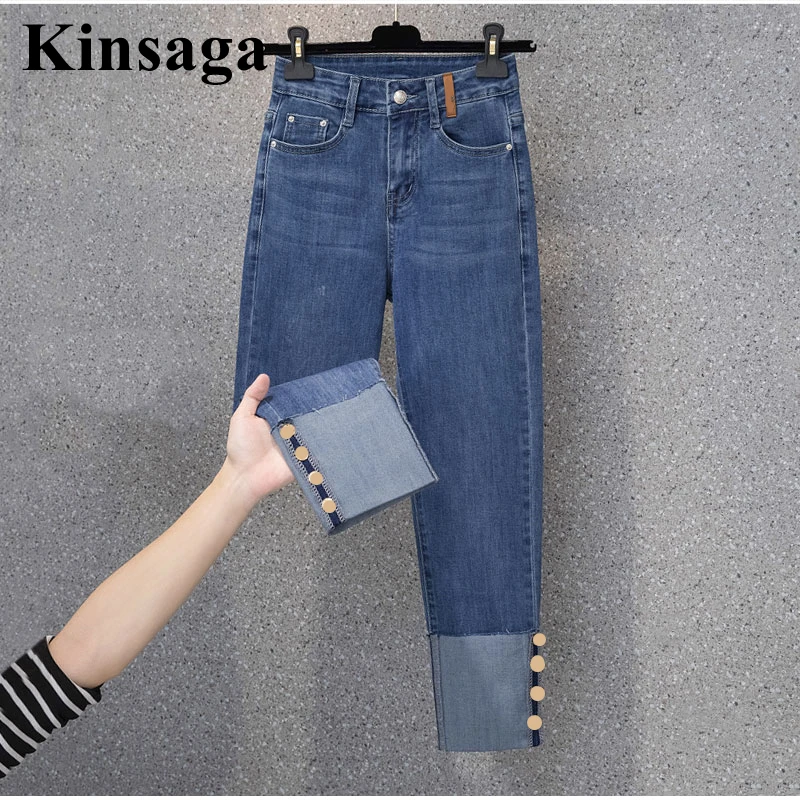 Designer Button Patchwork Cuffed Ankle Length Jeans Summer Streetwear Stretch Skinny Capris Indie Aesthetic Ripped Denim Pants