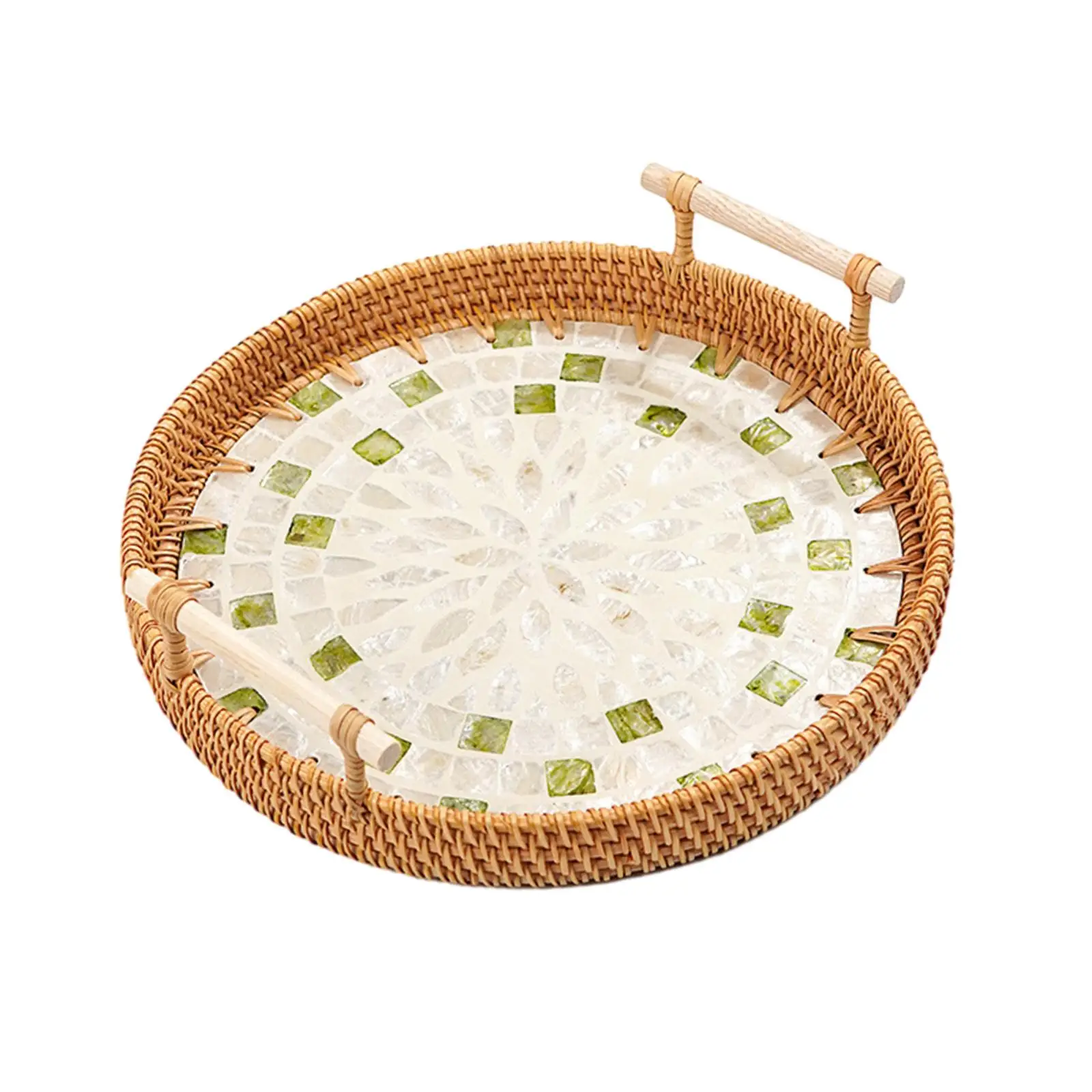 Woven Rattan Serving Tray with Handles Breakfast Cake Snacks Tray for Coffee Table Afternoon Tea Living Room Parties Countertop