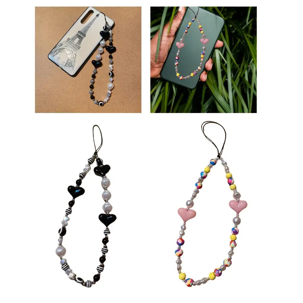 Heart Shape Beaded Phone Charms, Heart Clay Beads Anti-Lost Lanyard Decor for Women Girls Drop Resistance Cell Phone String