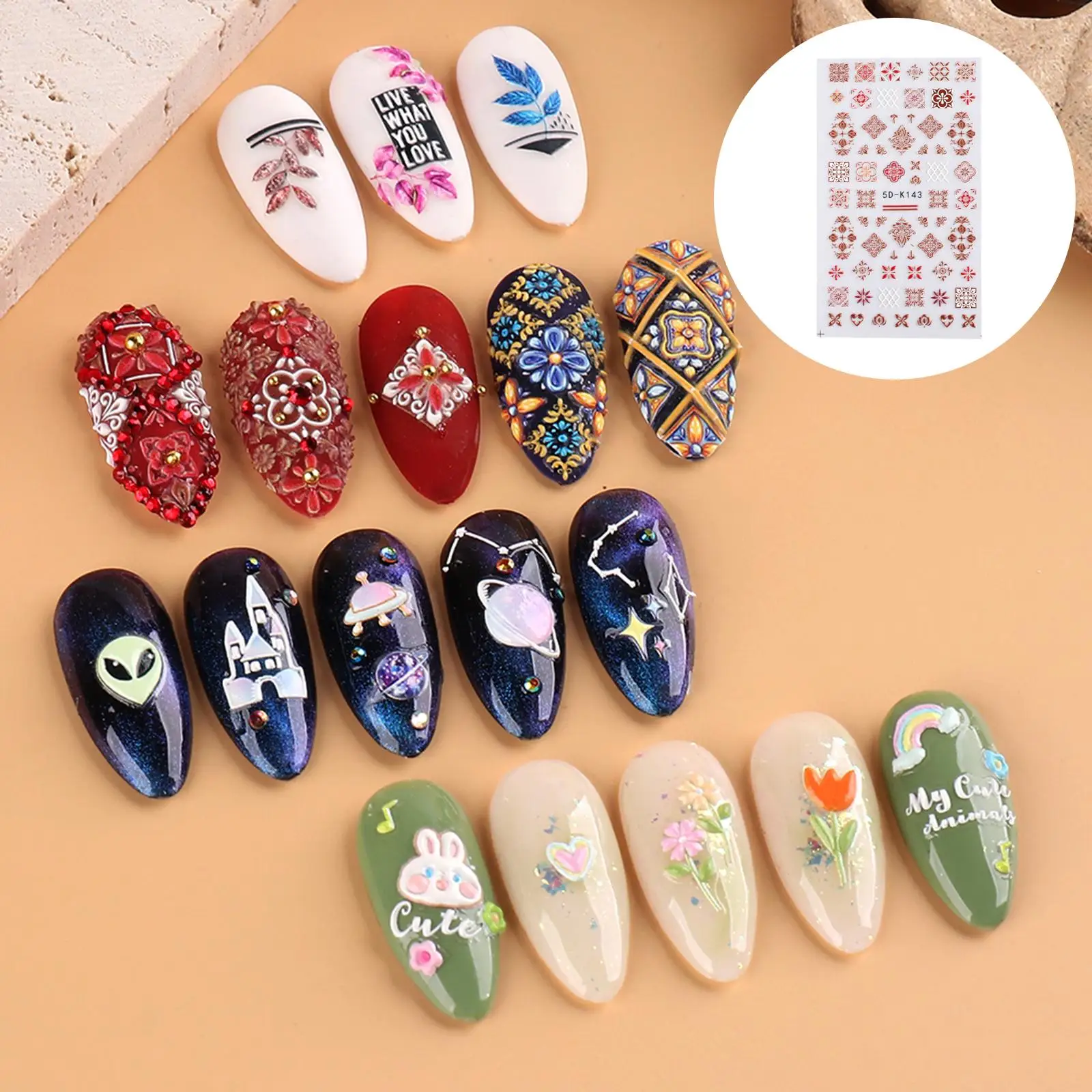 5D Embossed Nail Stickers Flower Animal Geometric Self-Adhesive Nail Art Decor for Acrylic Nail Women Gift Nail Sliders