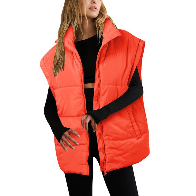 Women’s Oversized Puffer Vest – Stand Collar Insulated Winter Vest With Pockets