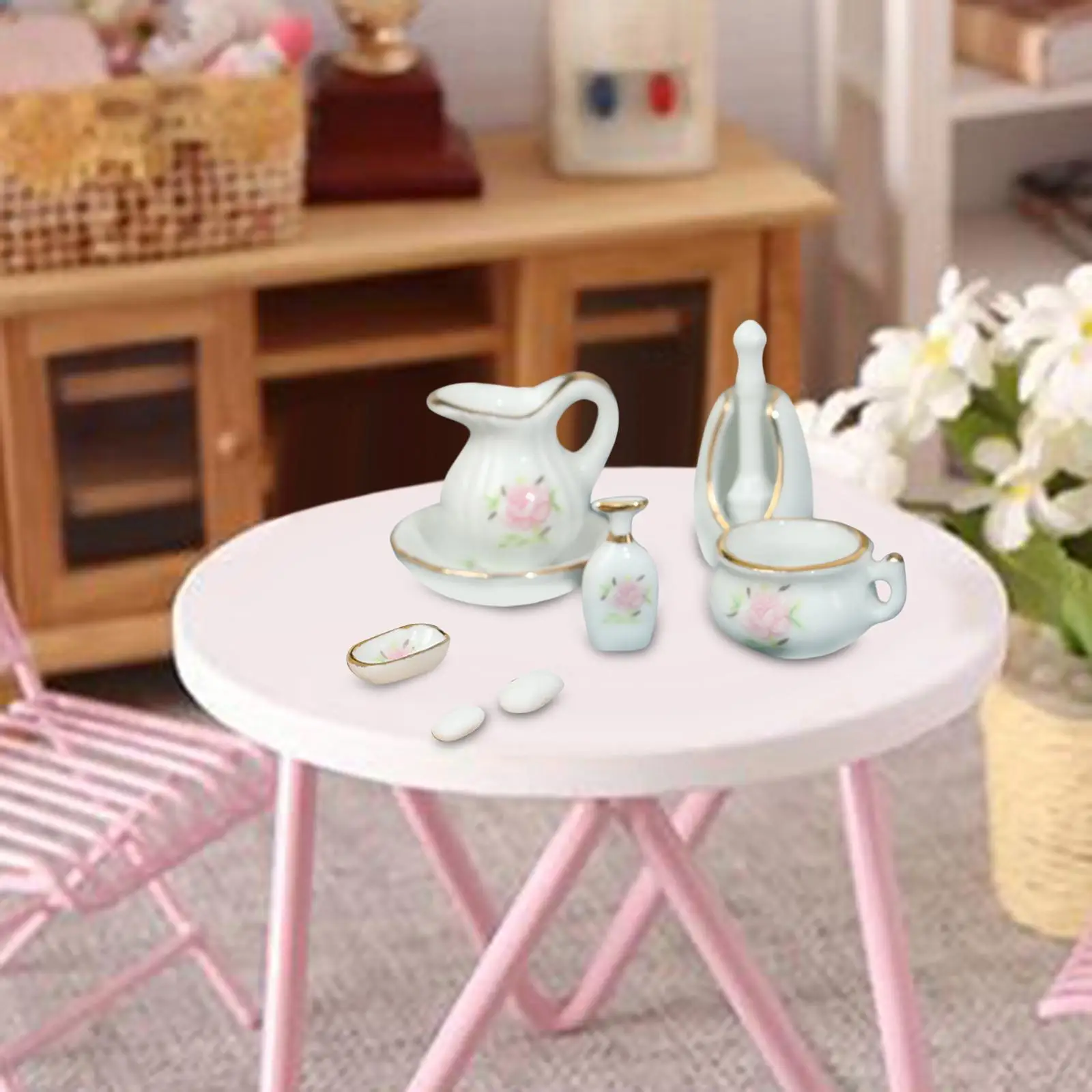 1/12 Dollhouse Furniture Accessories Mini Pots and Cup, Flower Vase, Soap, Soap Tray, Toilet Brush and Holder, and Storage Tray