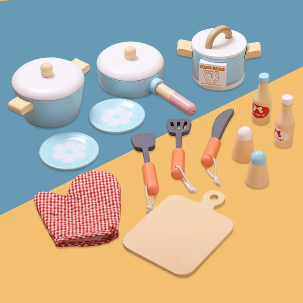 14Pcs Wooden Pretend Toy Food Set, Cookware and Accessories for  Kitchen