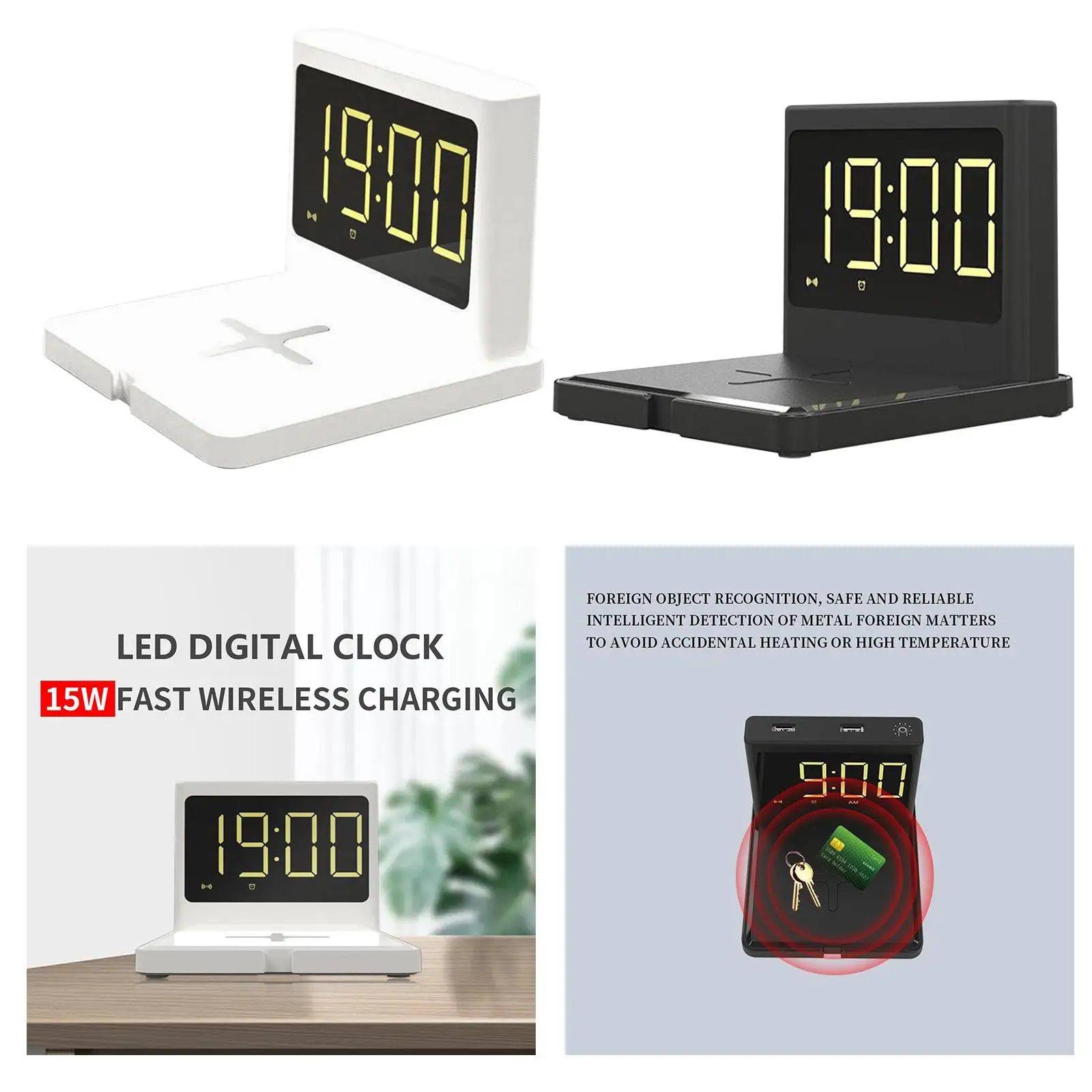 Fast Wireless Charging Digital Alarm Clock, Snooze, 3.4 Inch Screen for Bedroom, Office, Hotel, Desk
